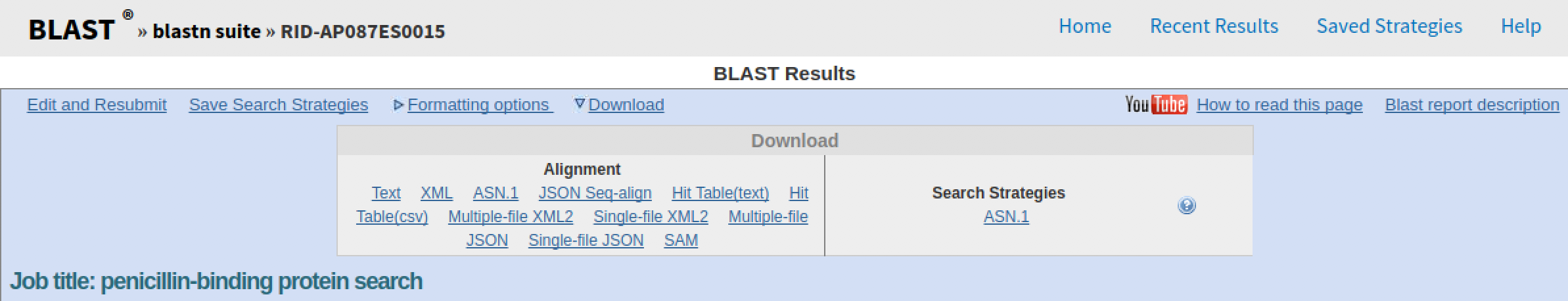 NCBI BLASTN results download options