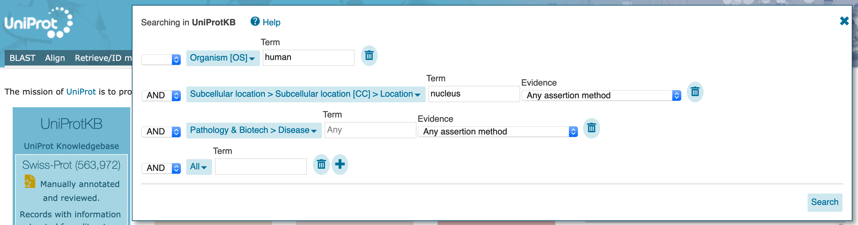 UniProtKB advanced search - second terms