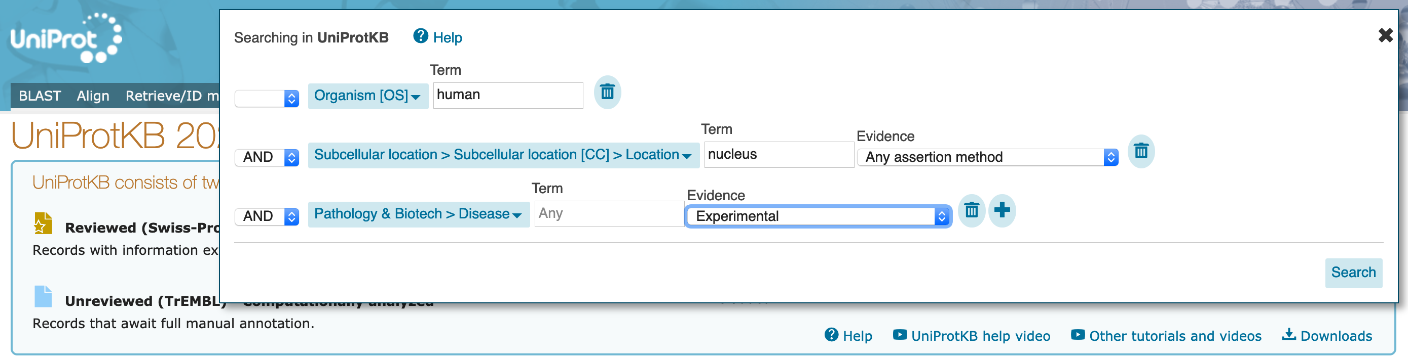 UniProtKB advanced search - second terms